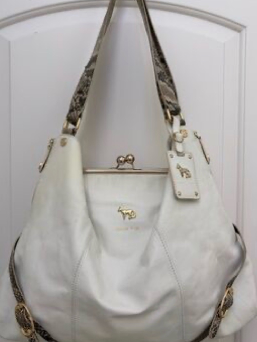 Emma Fox X Large Kisslock Ivory Pebbled Shoulder Bag with Snakeskin-Print